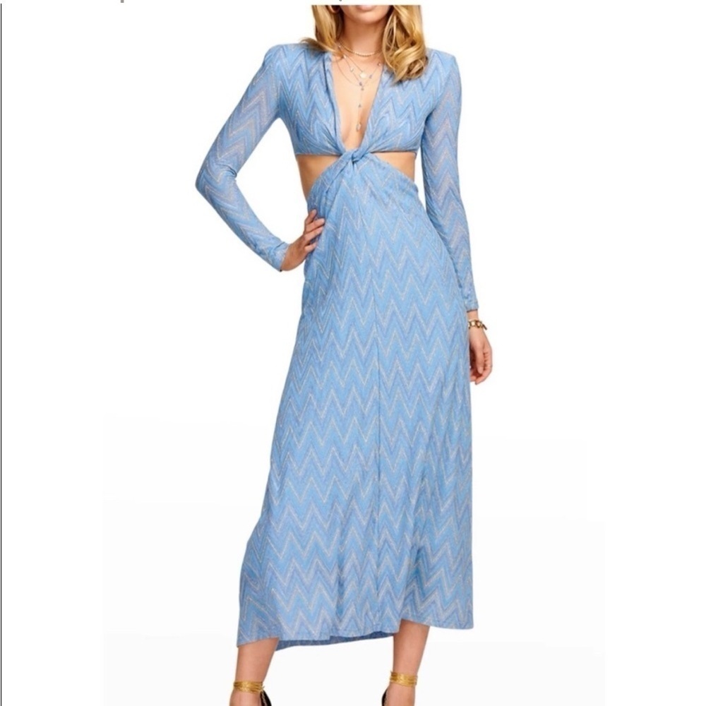 Ramy Brook Celeste Blue Metallic Cutout Maxi Dress Long Sleeve V-Neck Gown